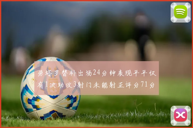 劳塔罗替补出场24分钟表现平平仅有1次助攻3射门未能射正评分71分